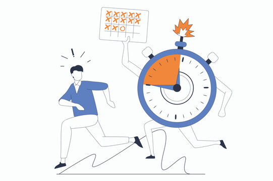 Deadline concept with people scene in flat outline design. Man runs away from ticking clock. Employee hurry to perform work tasks in office. Vector illustration with line character situation for web