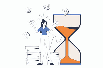 Deadline concept with people scene in flat outline design. Woman trying to complete work tasks or paperwork before time runs out in hourglass. Vector illustration with line character situation for web