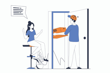 Delivery service concept with people scene in flat outline design. Courier brought parcel to customer door. Woman receiving delivered order. Vector illustration with line character situation for web