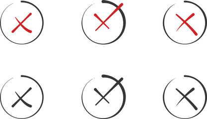 Isolated red rejection cross in black circle vector icon set. Reject marks icon design.