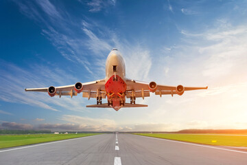 Commercial big plane takes off in the morning from the runway against the background of cirrus...