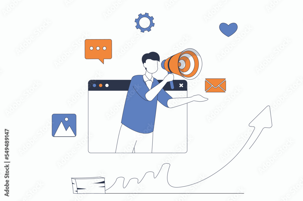 Poster digital marketing concept with people scene in flat outline design. man with megaphone making advert