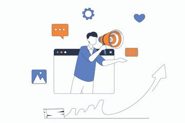 Digital marketing concept with people scene in flat outline design. Man with megaphone making advertising campaign to audience in internet. Vector illustration with line character situation for web