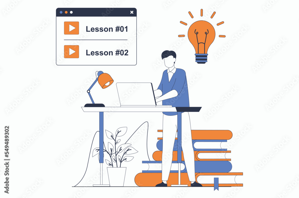 Wall mural distance learning concept with people scene in flat outline design. man studies on educational platf