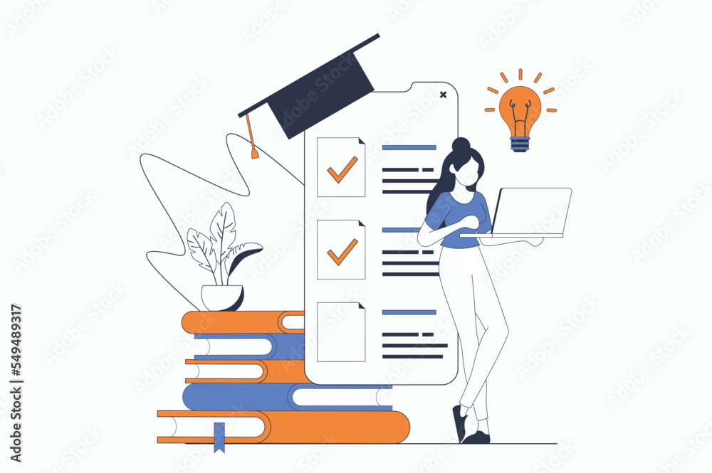 Fototapete Distance learning concept with people scene in flat outline design. Woman studies on educational platform and opens new lessons using apps. Vector illustration with line character situation for web