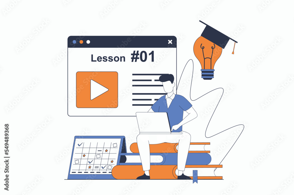 Aufkleber distance learning concept with people scene in flat outline design. man studying lesson remotely and