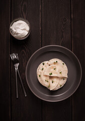 Pierogi, a traditional dish of Polish cuisine, dumplings, top view, close-up, no people,