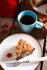 pear pie with chocolate and a cup of tea
