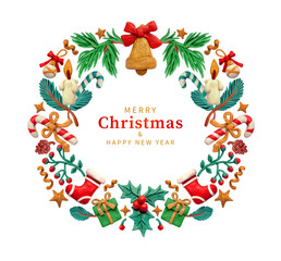 Festive background, round frame, wreath. Greeting card, banner, web poster. Festive realistic 3d...