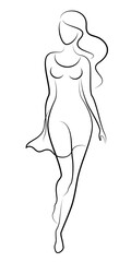 Silhouette of a woman in a modern continuous line style. The girl is slim and beautiful. Lady suitable for aesthetic decor, posters, stickers, logo. Vector illustration.