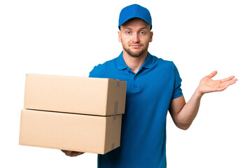 Delivery caucasian man over isolated background having doubts while raising hands