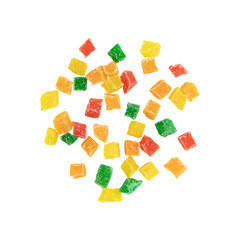 heap of candied fruit pieces close up isolated on white background, sweet dried pineapples, oranges...