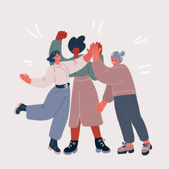 Vector illustration of Happy people giving high five. Friends greeting or supporting each other. Informal hi gesture. Concept of friendship, partnership and success.