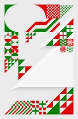 Bauhaus art style Christmas festive poster. Abstract geometric pattern in green, red, white. Template background for design. Vector illustration.