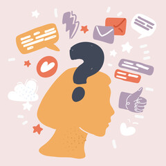 Vector illustration of question marks inside the brain