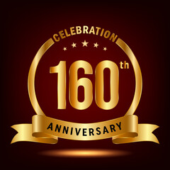 160th Anniversary Celebration. Anniversary Celebration Logo Design with Golden Ring and Ribbon. Vector Template Illustration
