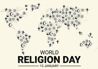 World Religion day wallpaper with map and religious signs, International day of religion