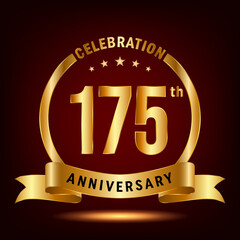 175th Anniversary Celebration. Anniversary Celebration Logo Design with Golden Ring and Ribbon. Vector Template Illustration