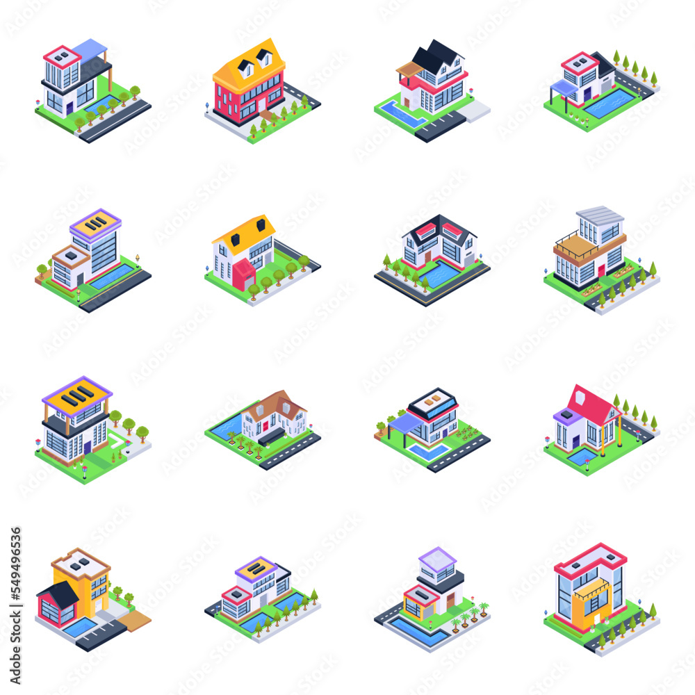 Sticker pack of homes isometric icons