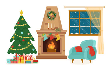 Cozy Christmas interior of the living room: armchair, christmas tree, gifts, fireplace and window with winter landscape. New Years decorations such as garlands, Christmas toys.