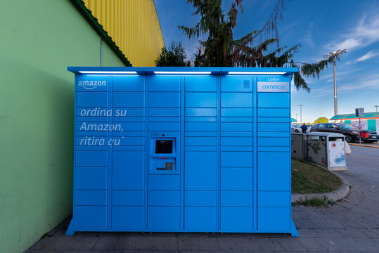 Cuneo, Italy - November 18, 2022: Amazon Hub Locker, where customers can pick up their order, in Grande Cuneo italian shopping mall