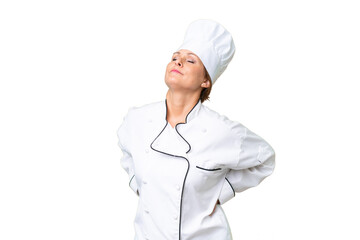 Middle-aged chef woman over isolated background suffering from backache for having made an effort