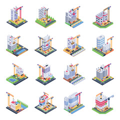 Set of Construction Buildings Isometric Illustrations

