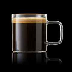 Glass cup of espresso coffee isolated on black.