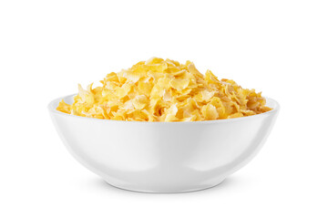 Corn flakes in white bowl isolated on white. Side view.