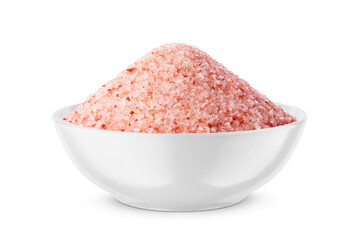 Pink Himalayan fine salt in white bowl isolated on white. Side view.