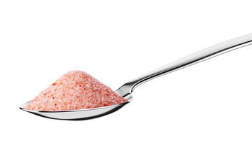 Teaspoon with pink Himalayan fine salt isolated on white. - obrazy, fototapety, plakaty
