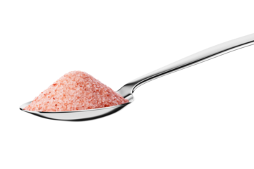 Teaspoon with pink Himalayan fine salt isolated on white.