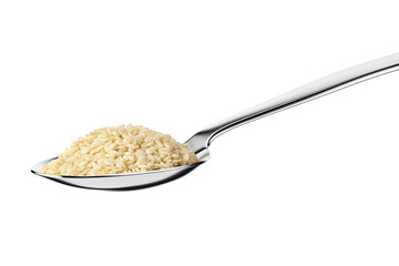 Teaspoon with sesame seeds isolated on white.