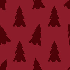 Fototapeta premium Outline eamless pattern with christmas tree on red background. Wrapping paper with pine. New year ornament. Wallpaper or fabric print.