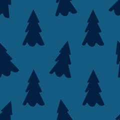 Outline eamless pattern with christmas tree on blue background. Wrapping paper with pine. New year ornament. Wallpaper or fabric print.