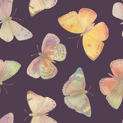 butterflies seamless pattern, watercolor illustration, abstract background for design, wallpaper, wrapping paper, textile.