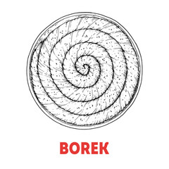 Round Borek sketch, Turkish food. Hand drawn vector illustration. Turkish street food. Sketch style. Top view. Vintage vector illustration.