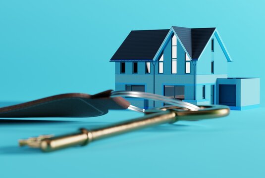 Home Key On The Background Of The House And Blue Background. The Concept Of Buying An Apartment, Getting Your First Apartment. 3D Render, 3D Illustration.