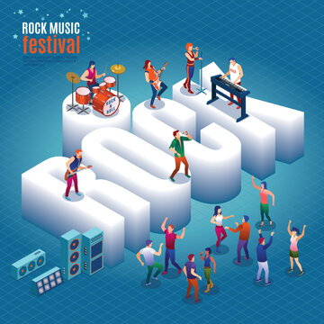 Rock Music Festival and isometric word Rock with rock band and dancing fans, modern concert poster, audio blog concept, Isometric Vector illustration on isolated background
