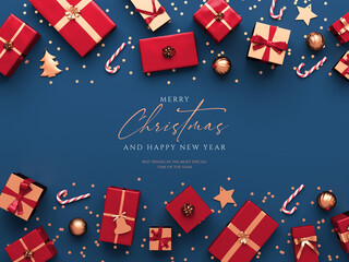 Christmas elegant greeting card template with gifts and gold ornaments on a blue background. Merry Xmas and happy new year type for flat lay banner design in 3D rendering