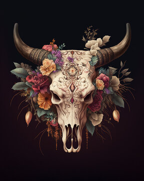 a beautifully decorated cow skull, ornate, and flowers, bull horns, wall decor, vector, buffalo, ai assisted