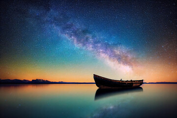 Empty boat in a lake between snow-capped mountains. Fantastic starry sky, Galaxy, Vivid Colorful Dreamy Lights | Generative Ai Art