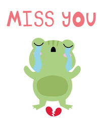 Cute cartoon illustration of a frog. Text Miss you. Cute vector illustration frog doodle style. frog with a motivational inscription. Simple flat vector cartoon illustration EPS