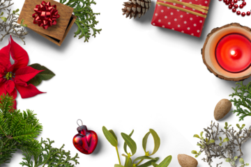 classic red and green Christmas / holiday frame with fir tree, mistletoe, ornaments, almonds, pine cones and poinsettia, isolated design element - use your own background! top view / flat lay 