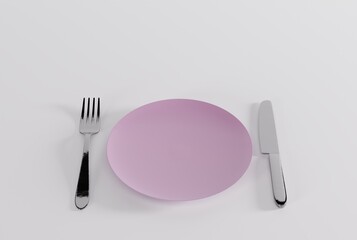 Plate and fork and knife. The concept of eating, preparing a meal. An empty plate ready to be served. 3D render, 3D illustration.