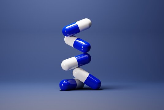 Tablets, blue capsules on a blue background. Treatment, medical and pharmaceutical concept. Treating sick people, taking care of patients. 3D render, 3D illustration.