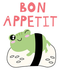 Cute cartoon illustration of a frog. Text Bon Appetit. Cute vector illustration frog doodle style. frog with a motivational inscription. Simple flat vector cartoon illustration EPS