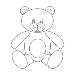 Obraz premium Teddy Bear. Vector illustration of cute little kid Toy in outline style. Drawing in outline style on isolated background in white and black colors. Sketch of object for baby game. Contour engraving.