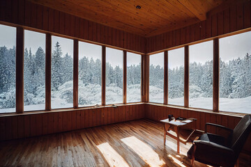 Wooden Cabin with Multiple Large Windows for A View of Snowfall in Winter, Work space With a Serene Environment, Cold, Calm, Cozy, White Snow Scenery | Generative Ai Art