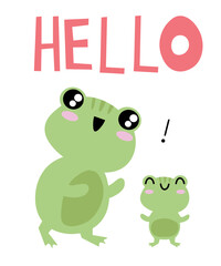 Cute cartoon illustration of a frog. Text Hello. Cute vector illustration frog doodle style. frog with a motivational inscription. Simple flat vector cartoon illustration EPS